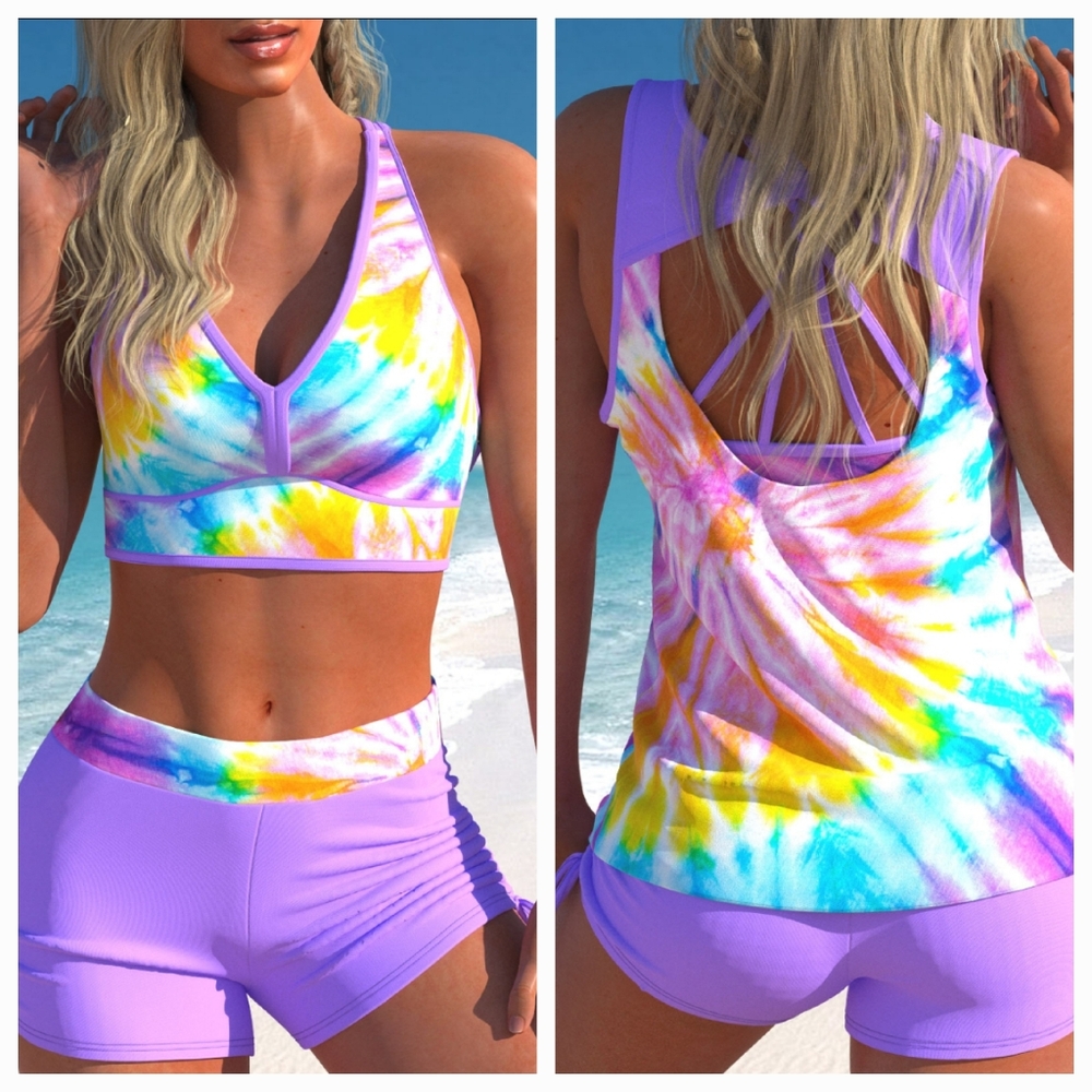 Modlily Vibrant Multicolor, Colorful Tie-Dye Summer Beach Three Piece Bikini Set